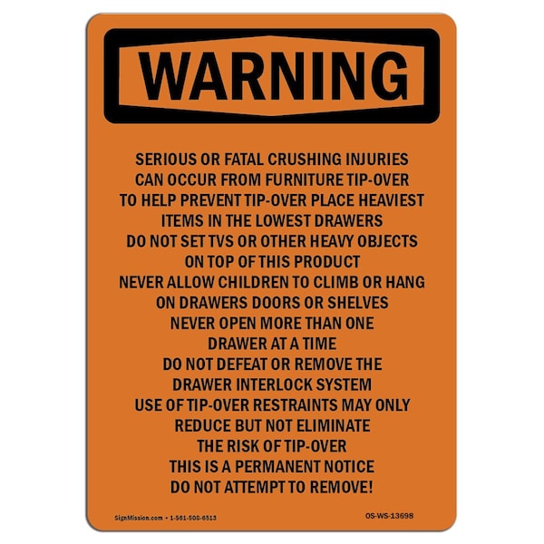 OSHA, Tip-Over Hazard Do Not Attempt To Remove, 24in X 18in Rigid Plastic, 18" W, 24" L, Portrait
